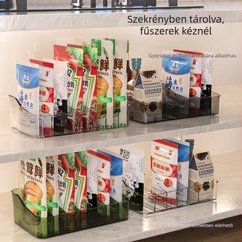 Műanyag fűszeres tároló a konyhapolcon, több rekesszel a szilárd fűszerekhez, modern minimalista stílus, prémium minőség