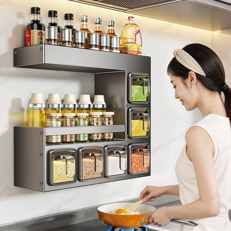 Fali konyhai fűszeres polc – fúrás nélkül, többfunkciós, ABS + szénacél anyagú, többszintű fűszer tároló
