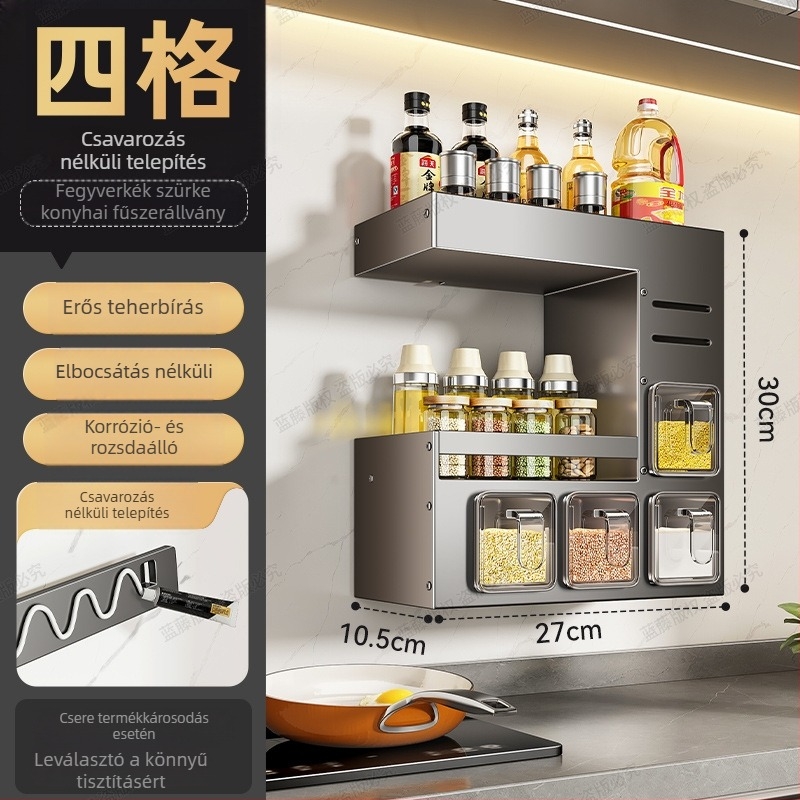 Fali konyhai fűszeres polc – fúrás nélkül, többfunkciós, ABS + szénacél anyagú, többszintű fűszer tároló