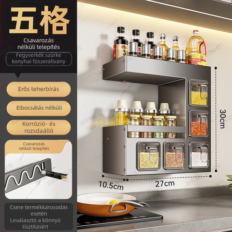 Fali konyhai fűszeres polc – fúrás nélkül, többfunkciós, ABS + szénacél anyagú, többszintű fűszer tároló