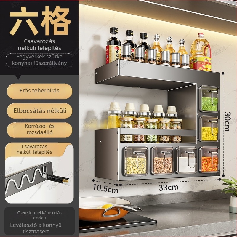 Fali konyhai fűszeres polc – fúrás nélkül, többfunkciós, ABS + szénacél anyagú, többszintű fűszer tároló