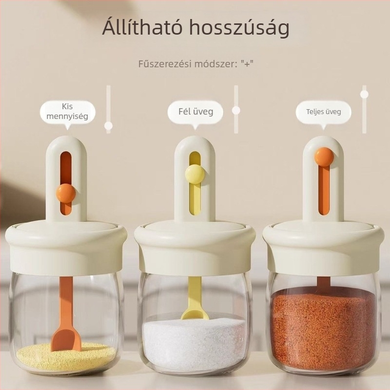 Teleszkópos fűszerszívó kanál fedővel, integrált fűszeres doboz — üveg, japán stílus, logó nyomtatása elérhető, testreszabható