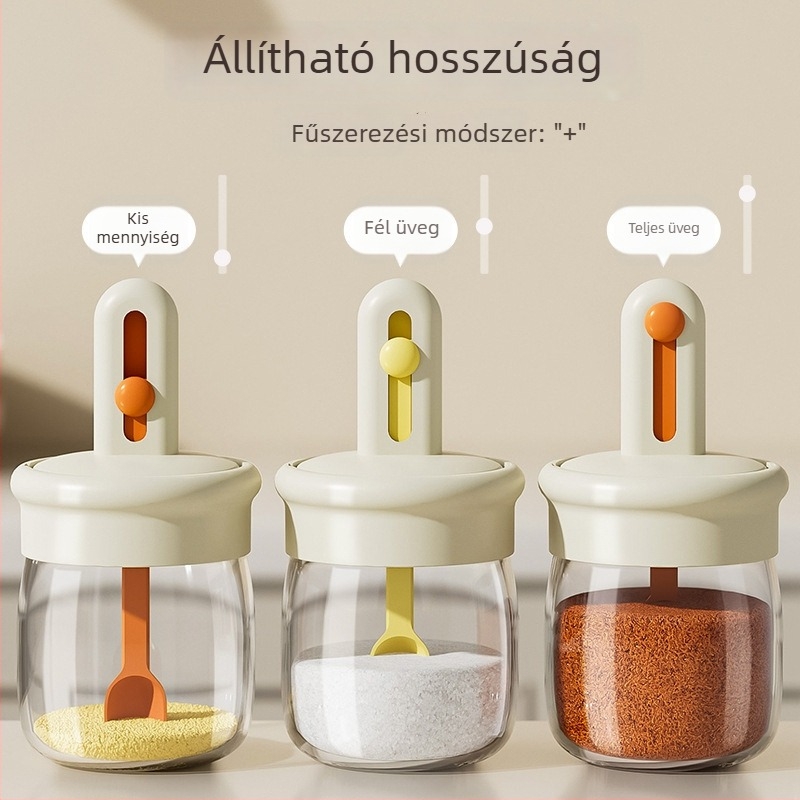 Teleszkópos fűszerszívó kanál fedővel, integrált fűszeres doboz — üveg, japán stílus, logó nyomtatása elérhető, testreszabható