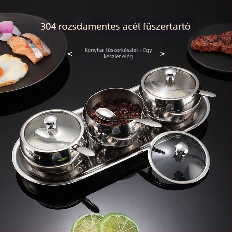 Qifeng 304 rozsdamentes acél fűszertartó doboz kanálos tálcával és üvegekkel – modern, letisztult konyhai készlet