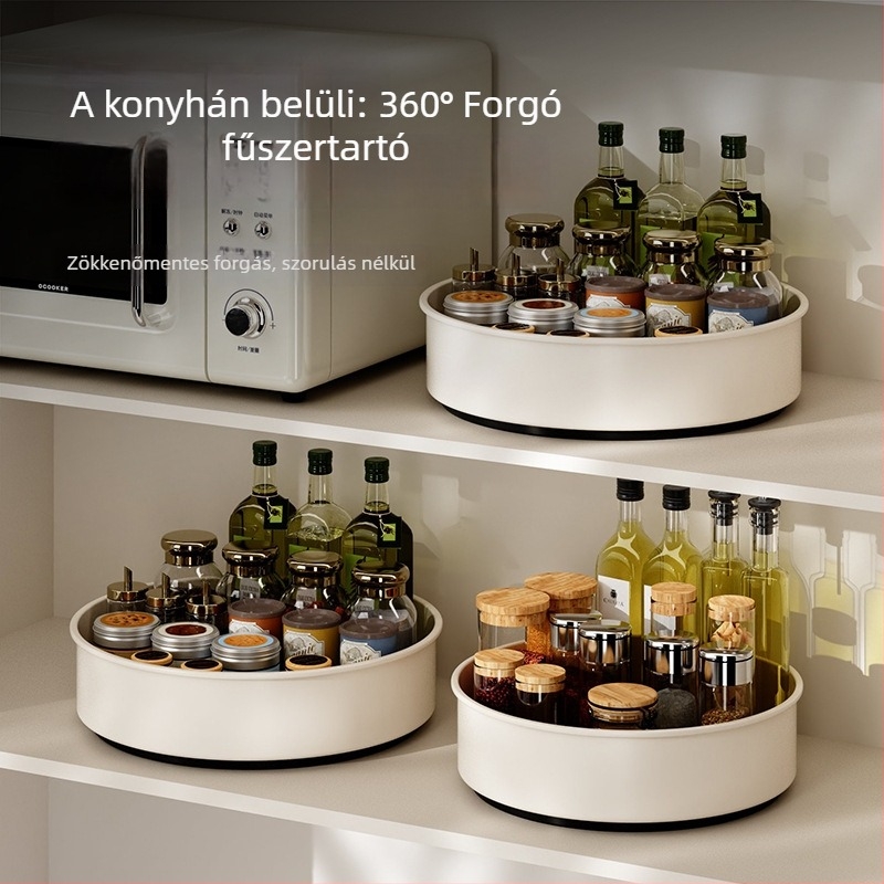 Forgó fűszertároló konyhai pultra – fém anyagú, multifunkcionális rendező olajhoz, sóhoz, szószokhoz és ecethez