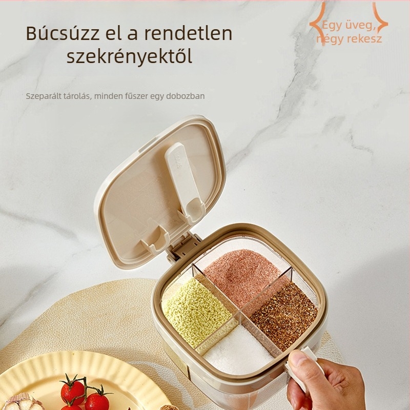 Jianjia zárható fűszeres doboz, többrekeszes dizájnnal, műanyagból készült, alkalmas kemény fűszerekhez, piacra kerül 2025-ben