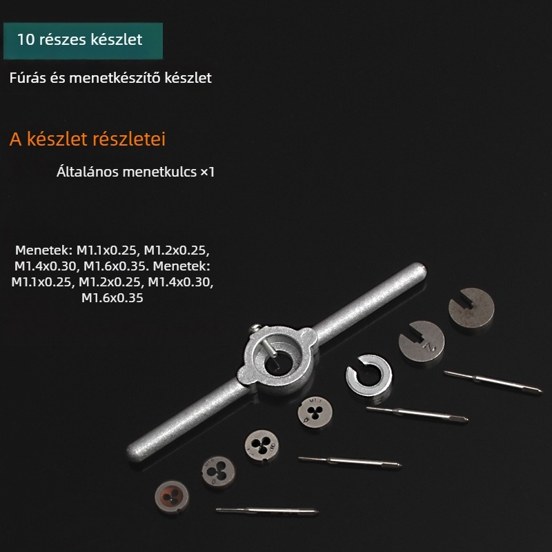 Mini menetmetsző és menetfúró készlet kézi eszközzel, metrikus, M1–M1.6, 10 darab