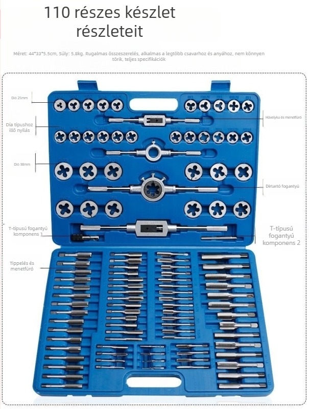 Tap and Die készlet, anyag: bearing steel alloy, tartalmaz taps és dies, tapping pin