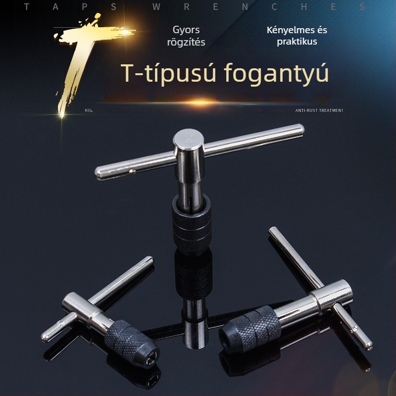 T alakú menetkészlet kézi fúróval, menetfogóval, tokban és kúpos lemezen fogakkal, 6 darab