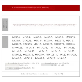 110 darabos metrikus menetkészlet kézi menetfúróval és menetfogóval