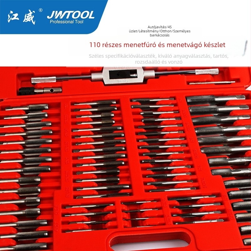 110 darabos metrikus menetkészlet kézi menetfúróval és menetfogóval