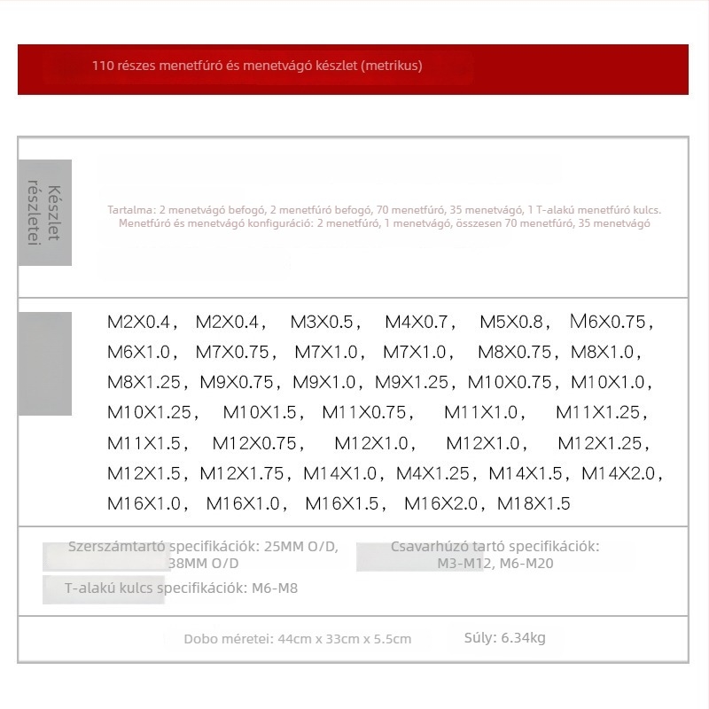 110 darabos metrikus menetkészlet kézi menetfúróval és menetfogóval