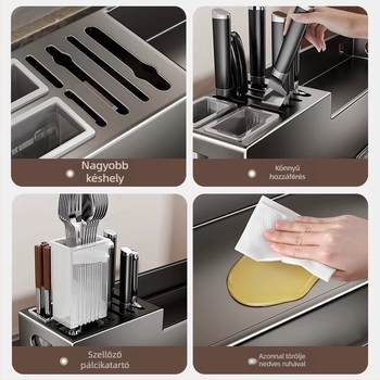 Konyhai falra szerelhető rozsdamentes acél fűszertartó, chopstick és kés tartóval — fúrás nélkül