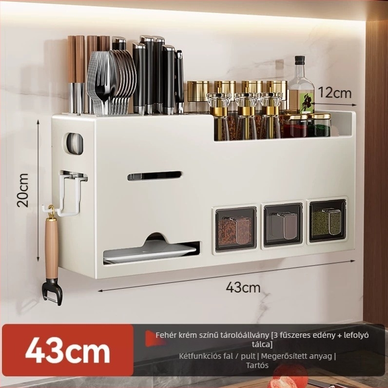 Konyhai falra szerelhető rozsdamentes acél fűszertartó, chopstick és kés tartóval — fúrás nélkül