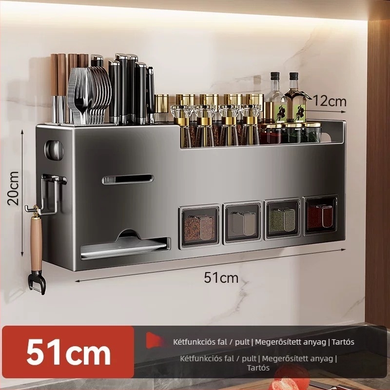 Konyhai falra szerelhető rozsdamentes acél fűszertartó, chopstick és kés tartóval — fúrás nélkül