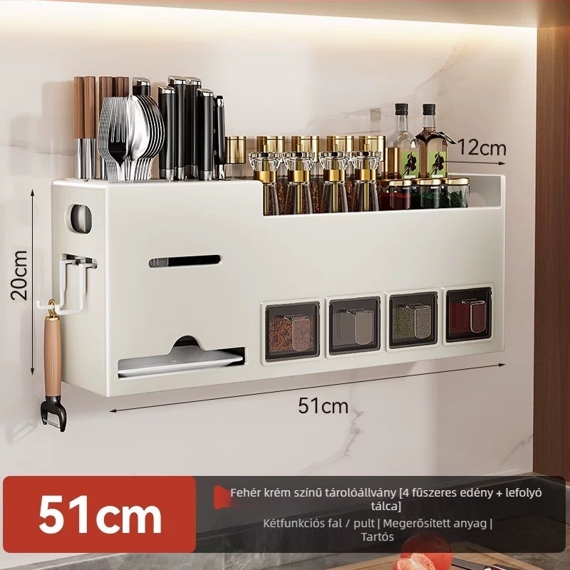 Konyhai falra szerelhető rozsdamentes acél fűszertartó, chopstick és kés tartóval — fúrás nélkül
