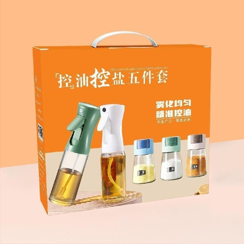 Olajspray-palack és fűszeres üvegek készlet, öt darab, üveg, szilárd fűszerek, Qixiang