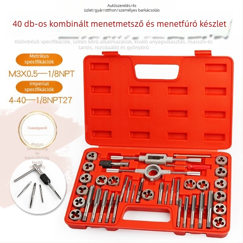 40 darabos metrikus és imperialis menetkészlet, kézi tap és die készlet