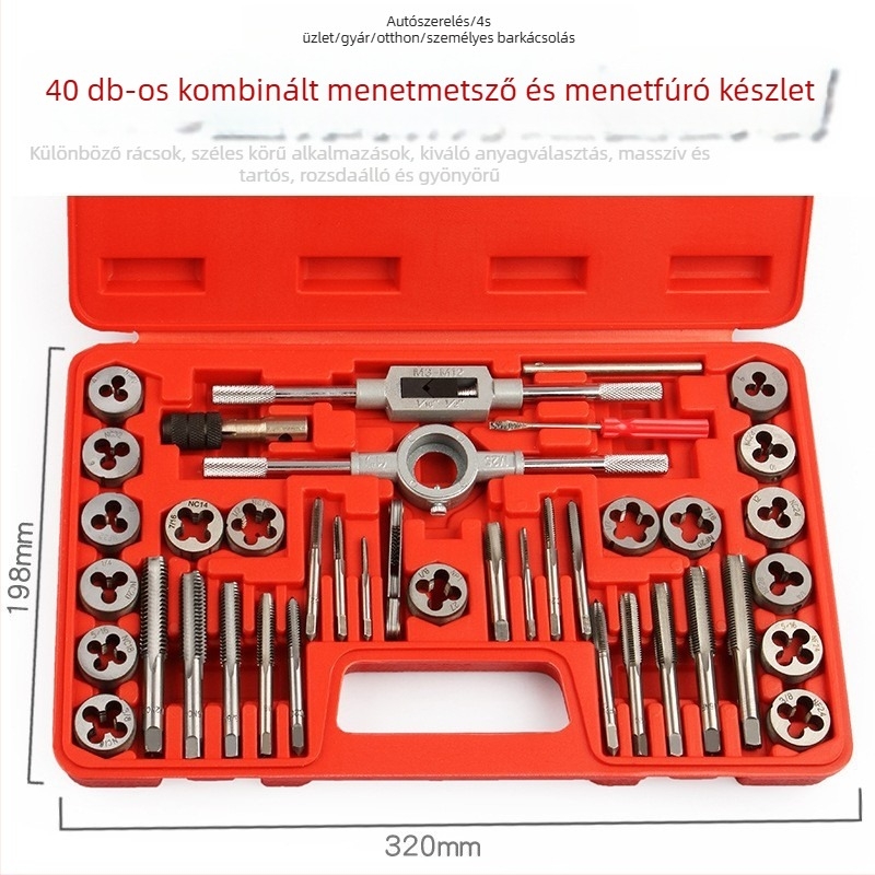 40 darabos metrikus és imperialis menetkészlet, kézi tap és die készlet