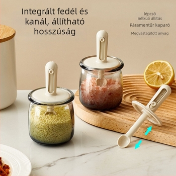 Fűszertartó üveg integrált fedél‑kanállal, kihúzható kanállal, szilárd fűszerekhez