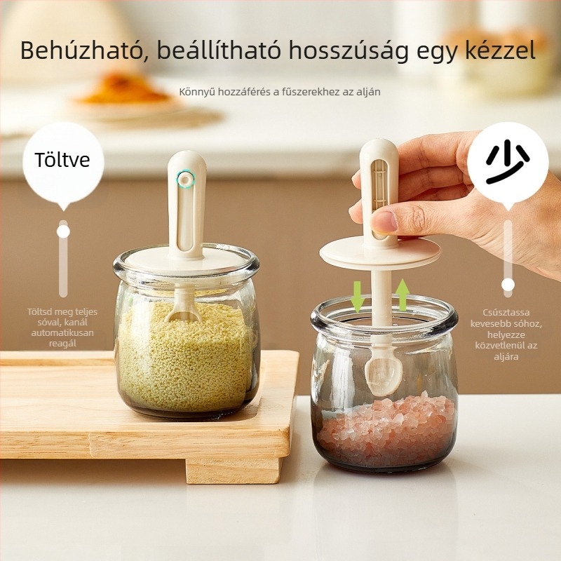 Fűszertartó üveg integrált fedél‑kanállal, kihúzható kanállal, szilárd fűszerekhez