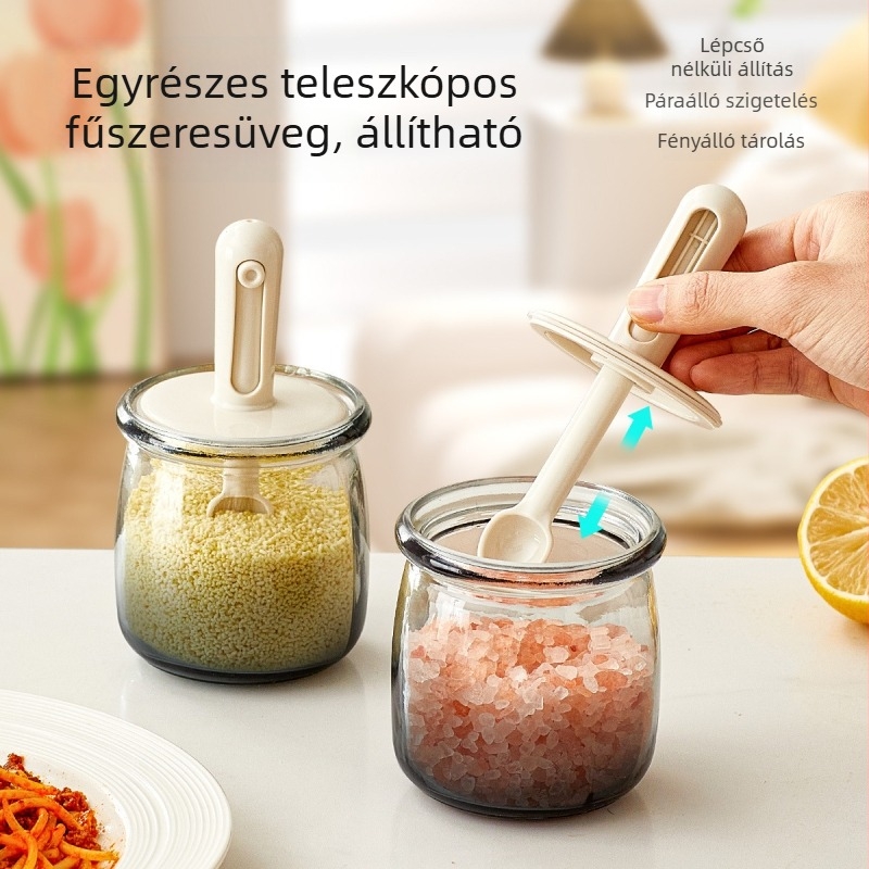 Fűszertartó üveg integrált fedél‑kanállal, kihúzható kanállal, szilárd fűszerekhez