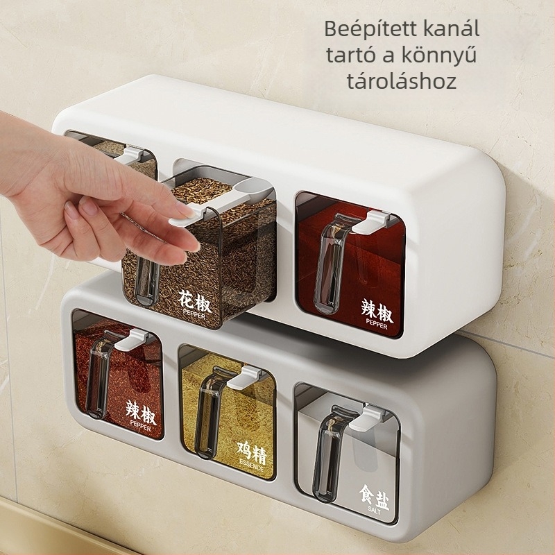 Falihoz rögzíthető műanyag fűszertároló, zárható nedvességálló tároló szilárd fűszerekhez