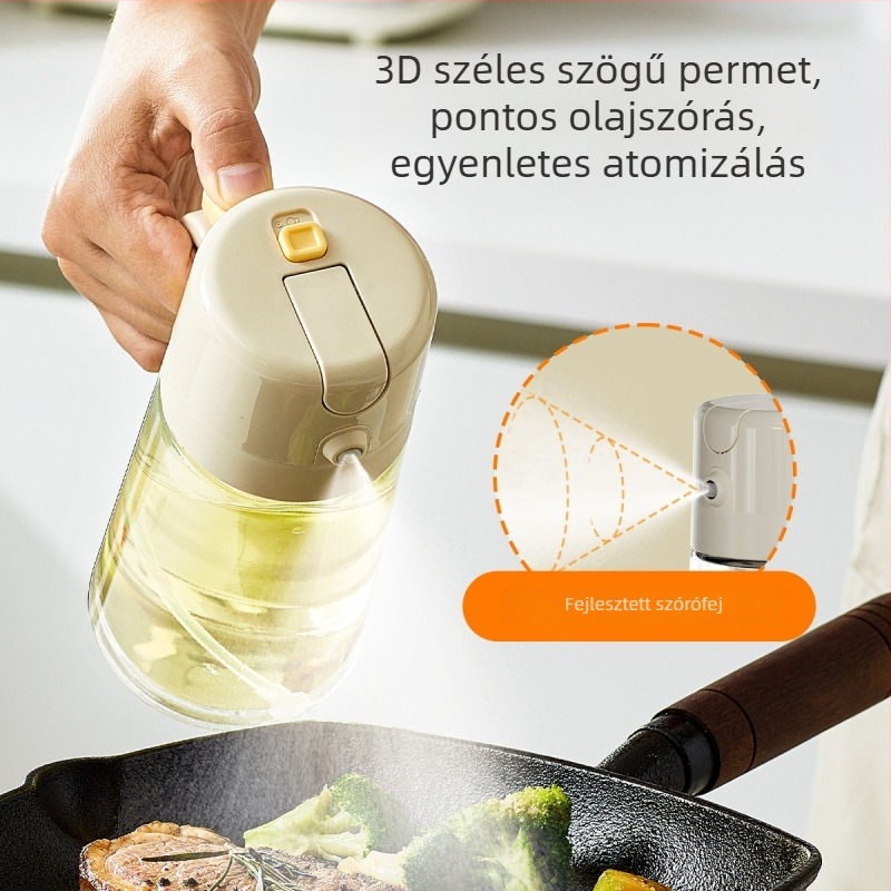 Olaj permetező üveg, kettős használat a töltéshez és permetezéshez, automatikus permetezés, üvegből készült test PP/ABS/szilíkon/rozsdamentes acél alkatrészekkel