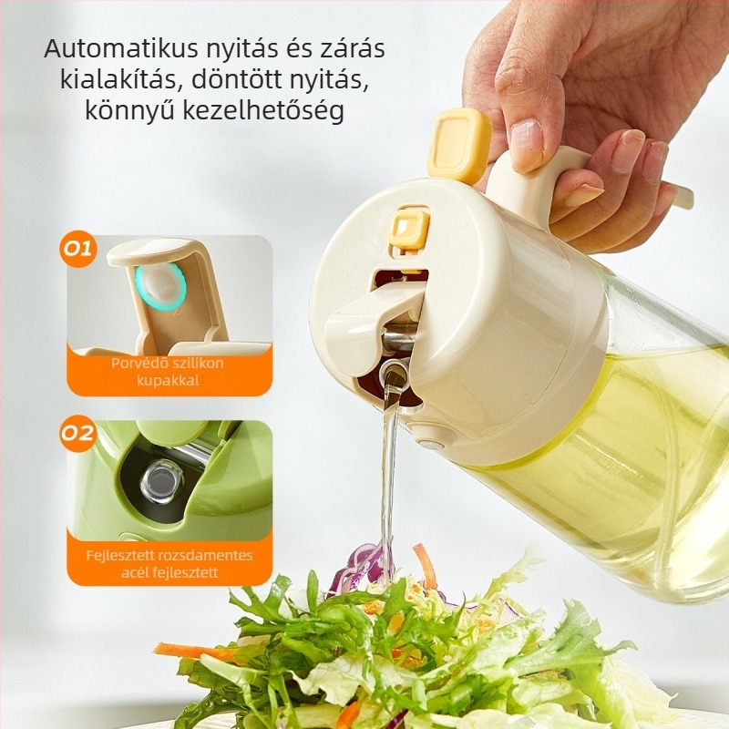 Olaj permetező üveg, kettős használat a töltéshez és permetezéshez, automatikus permetezés, üvegből készült test PP/ABS/szilíkon/rozsdamentes acél alkatrészekkel
