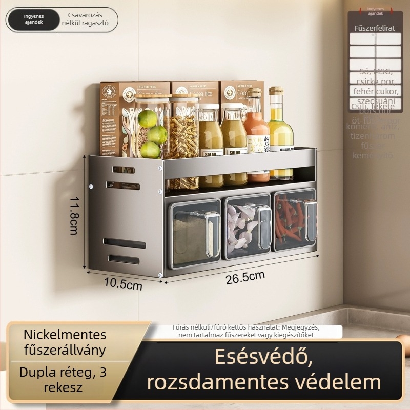 Fali fűszertartó, fúrás nélküli kivitel, Space Aluminum anyagú, többfunkciós só- és fűszer-tároló