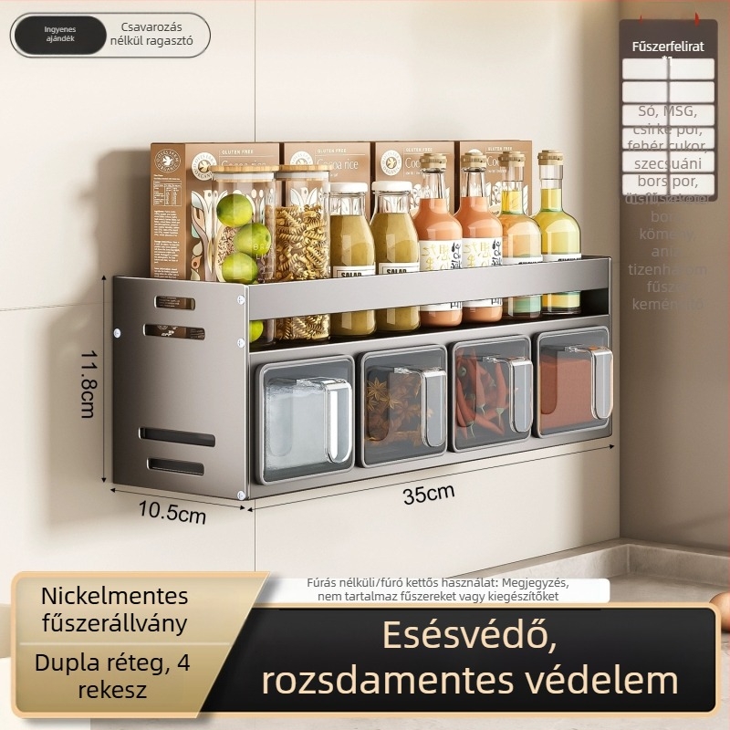 Fali fűszertartó, fúrás nélküli kivitel, Space Aluminum anyagú, többfunkciós só- és fűszer-tároló