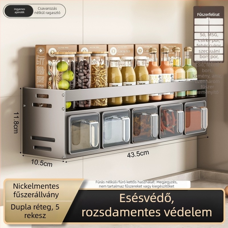 Fali fűszertartó, fúrás nélküli kivitel, Space Aluminum anyagú, többfunkciós só- és fűszer-tároló