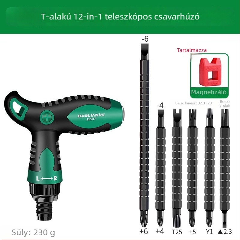 T-típusú racsnis csavarhúzó keresztes és egyenes fejjel, kettős végű, mágneses, szénacélból, többfunkciós