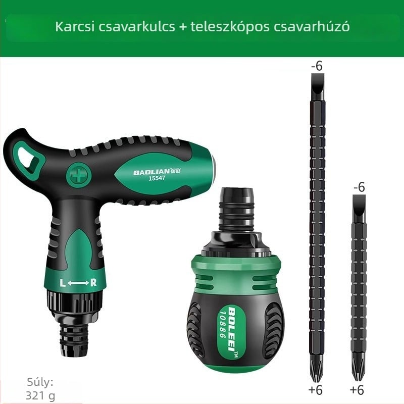 T-típusú racsnis csavarhúzó keresztes és egyenes fejjel, kettős végű, mágneses, szénacélból, többfunkciós