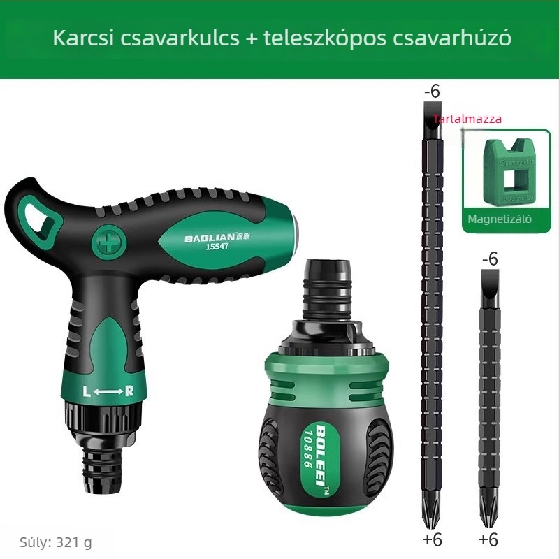 T-típusú racsnis csavarhúzó keresztes és egyenes fejjel, kettős végű, mágneses, szénacélból, többfunkciós
