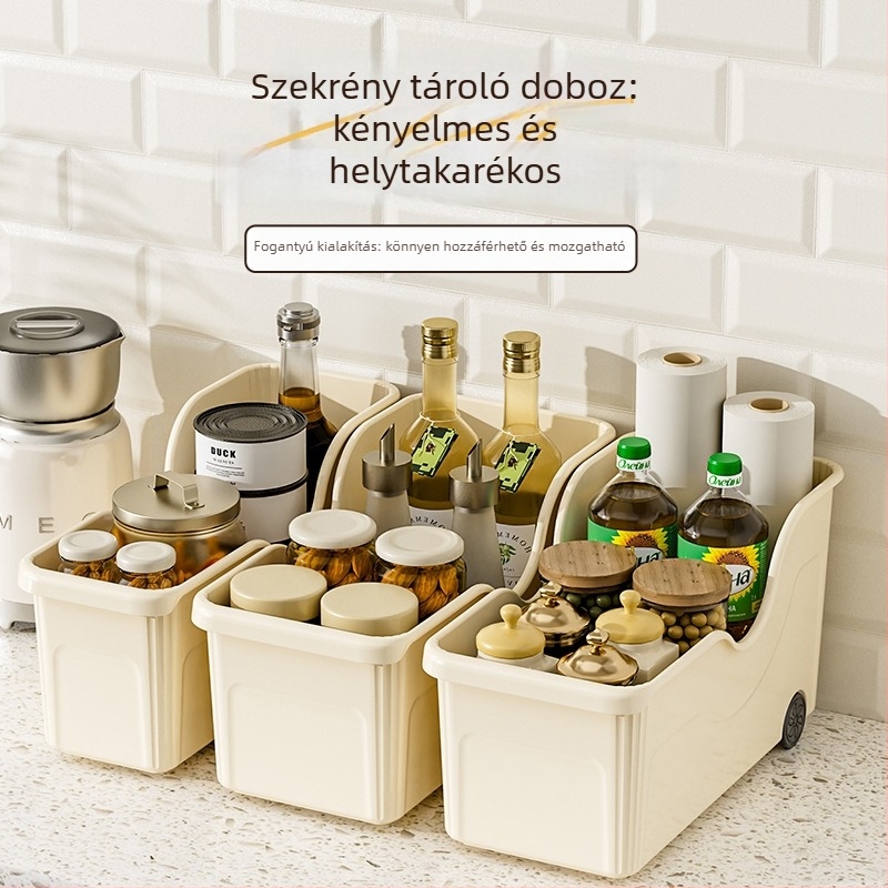 Görgős konyhai edénytároló kosár — összecsukható, többfunkciós, műanyag, fedők, fűszerek, evőeszközök és vágódeszkák számára
