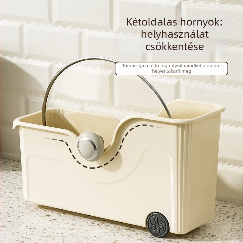 Görgős konyhai edénytároló kosár — összecsukható, többfunkciós, műanyag, fedők, fűszerek, evőeszközök és vágódeszkák számára