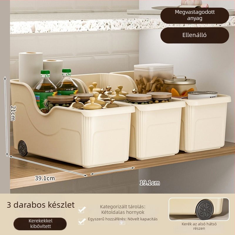 Görgős konyhai edénytároló kosár — összecsukható, többfunkciós, műanyag, fedők, fűszerek, evőeszközök és vágódeszkák számára