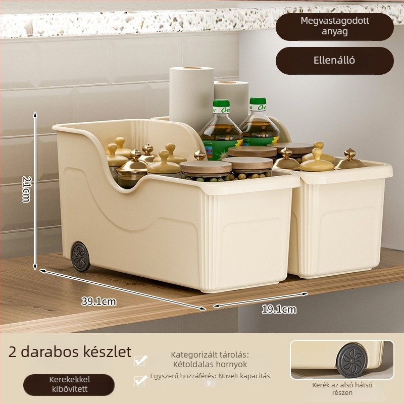 Görgős konyhai edénytároló kosár — összecsukható, többfunkciós, műanyag, fedők, fűszerek, evőeszközök és vágódeszkák számára