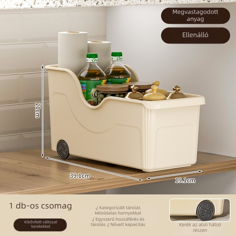 Görgős konyhai edénytároló kosár — összecsukható, többfunkciós, műanyag, fedők, fűszerek, evőeszközök és vágódeszkák számára