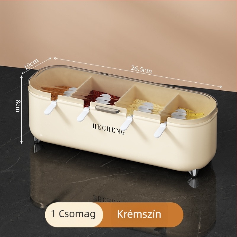 Négyrekeszes műanyag fűszertartó – integrált tárolás sóhoz és fűszerekhez