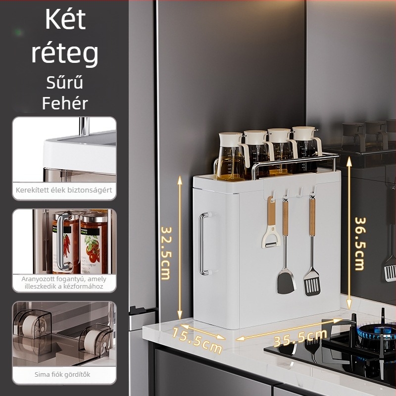 Konyhai fűszerespolc, Többszintes asztali tároló olajhoz, sóhoz, szószhoz és ecethez, mozgatható, szerelés nélkül, műanyag