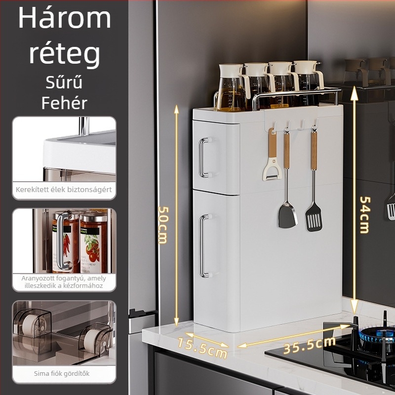 Konyhai fűszerespolc, Többszintes asztali tároló olajhoz, sóhoz, szószhoz és ecethez, mozgatható, szerelés nélkül, műanyag