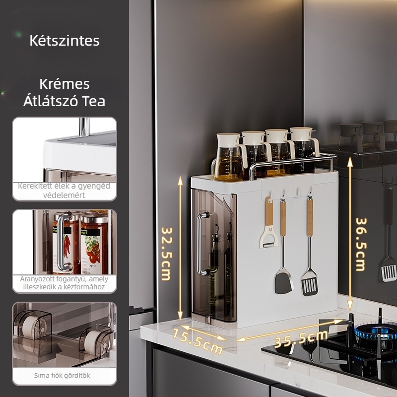 Konyhai fűszerespolc, Többszintes asztali tároló olajhoz, sóhoz, szószhoz és ecethez, mozgatható, szerelés nélkül, műanyag