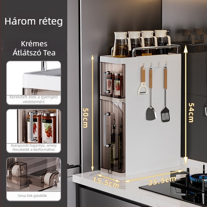 Konyhai fűszerespolc, Többszintes asztali tároló olajhoz, sóhoz, szószhoz és ecethez, mozgatható, szerelés nélkül, műanyag