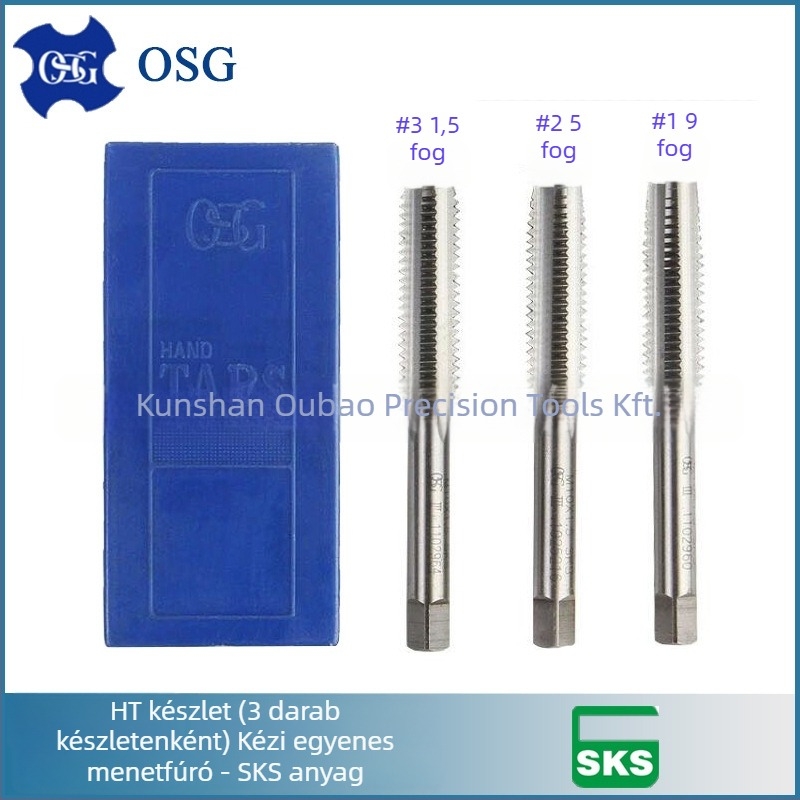 OSG kézi menetfúrókészlet, 3 darabos, egyenes barázdájú, SKS anyag, durva menet, JIS3 pontosság