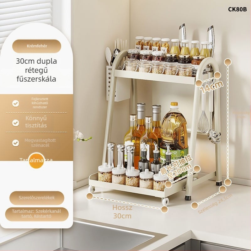 Konyhai fűszeres polc kihúzható tárolóval – szénacélból, fúrás nélkül, többszintű rendező, sótartó — Fengtuo