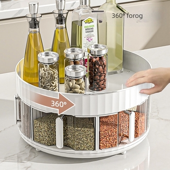Asztali fűszeres állvány forgatható, integrált több rekeszes tárolóval, műanyagból, olaj- és ecetüvegekhez
