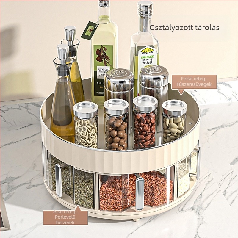 Asztali fűszeres állvány forgatható, integrált több rekeszes tárolóval, műanyagból, olaj- és ecetüvegekhez