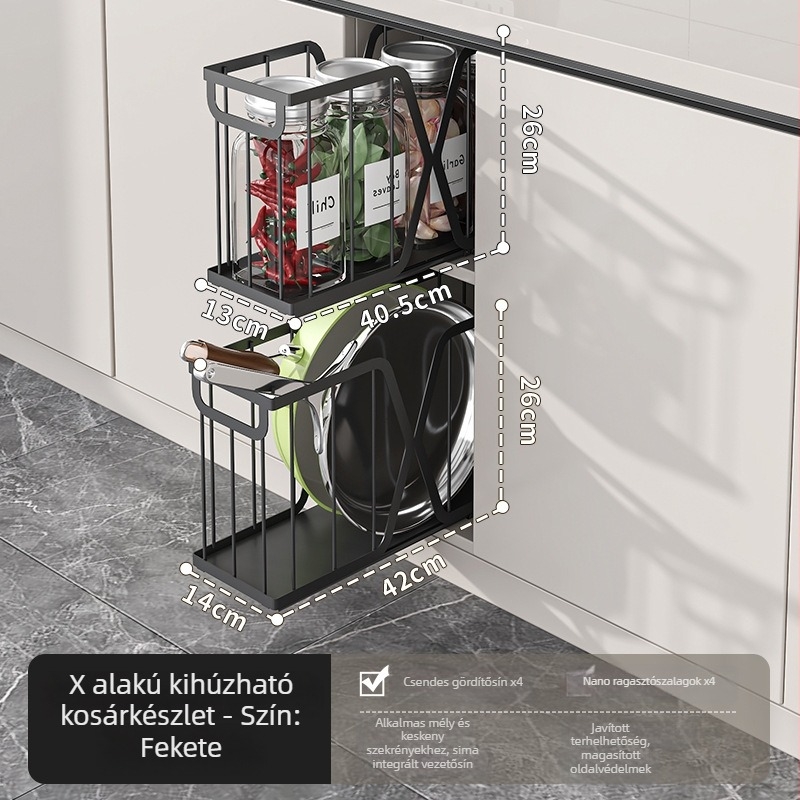 Összecsukható konyhaszekrény-Organizer acéldrótból, kihúzható kosár, fióktípusú dizájn, modern letisztult stílus